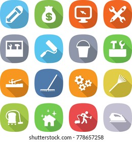 flat vector icon set - pencil vector, money bag, monitor arrow, wrench, tools, repair, bucket, soil cutter, rake, gears, vacuum cleaner, house cleaning, iron