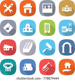 flat vector icon set - pencil wrench vector, home, tools, hospital, under construction, mansion, skyscraper, mall, house with garage, brick, repair, arch, antique column, pipes, welding, housing
