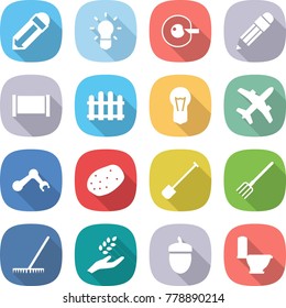 flat vector icon set - pencil vector, bulb, cell corection, fence, plane, robot hand, potato, shovel, fork, rake, harvest, acorn, toilet