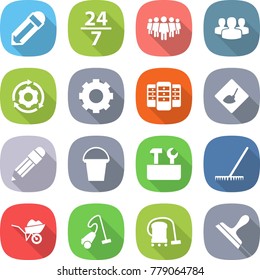 flat vector icon set - pencil vector, 24 7, team, group, around gear, server, under construction, bucket, repair tools, rake, wheelbarrow, vacuum cleaner, scraper