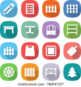 flat vector icon set - pencil vector, abacus, fence, pallet, table, dresser, rack, cutting board, wheel, farm, spruce