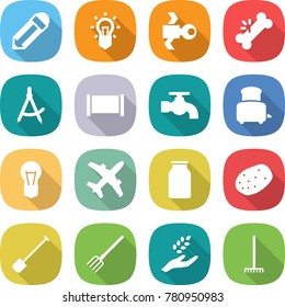 flat vector icon set - pencil vector, bulb, satellite, broken bone, draw compass, fence, water tap, toaster, plane, bank, potato, shovel, fork, harvest, rake