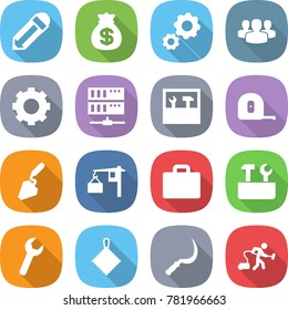 flat vector icon set - pencil vector, money bag, gear, group, server, tools, measuring tape, construction, loading, suitcase, repair, wrench, rag, sickle, vacuum cleaner