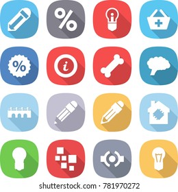 flat vector icon set - pencil vector, percent, bulb, add to basket, info, bone, brain, bridge, smart house, blocks, connect