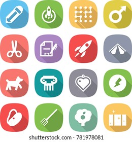 flat vector icon set - pencil vector, rocket, chip, male sign, scissors, inventory, tent, dog, antique column, heart pendant, electricity, beans, fork, garden, clean window