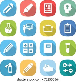 flat vector icon set - pencil vector, marker, abacus, bulb head, round flask, presentation, electrostatic, clipboard, calculator, copybook, test vial, potion bottle, acid, charge particle