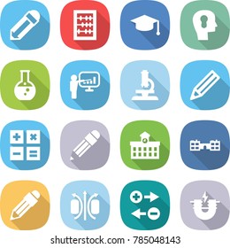 flat vector icon set - pencil vector, abacus, graduate hat, bulb head, round flask, presentation, microscope, calculator, university, school, magnetic field, charge particle, electric magnet