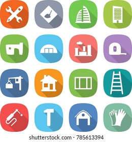 flat vector icon set - pencil wrench vector, under construction, skyscraper, slum, hangare, city, measuring tape, loading, home, window, ladder, welding, hammer, barn, gloves