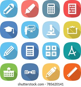 flat vector icon set - pencil vector, marker, calculator, abacus, graduate hat, presentation, microscope, electrostatic, draw compass, university, school, ruler