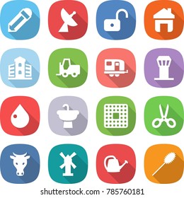flat vector icon set - pencil vector, satellite antenna, unlock, home, building, fork loader, trailer, airport tower, drop, sink, cpu, scissors, cow, windmill, watering can, duster