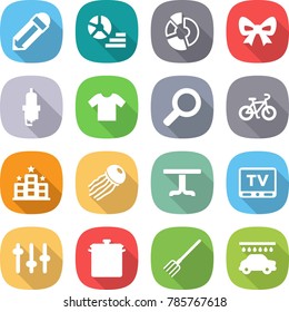 flat vector icon set - pencil vector, diagram, circle, bow, spark plug, t shirt, magnifier, bike, hotel, jellyfish, table, tv, setup, pan, fork, car wash