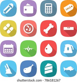 flat vector icon set - pencil vector, wallet, calculator, sale label, pill, microbe, bone, level, calendar, plane, drop, kettle, knife holder, chicken leg, cake, fish