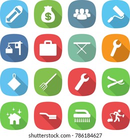 flat vector icon set - pencil vector, money bag, group, repair, loading, suitcase, iron board, wrench, rag, fork, pruner, house cleaning, brush, vacuum cleaner