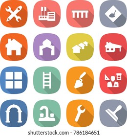 flat vector icon set - pencil wrench vector, store, bridge, under construction, home, minaret, houses, house with garage, window, ladder, architector, arch, water tap, scraper