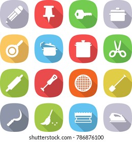 Flat Vector Icon Set - Pencil Vector, Pin, Key, Pan, Steam, Scissors, Rolling, Blender, Sieve, Shovel, Sickle, Broom, Sponge, Iron