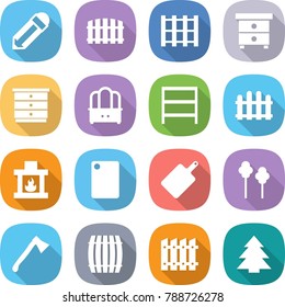flat vector icon set - pencil vector, fence, pallet, nightstand, chest of drawers, dresser, rack, fireplace, cutting board, trees, axe, barrel, spruce
