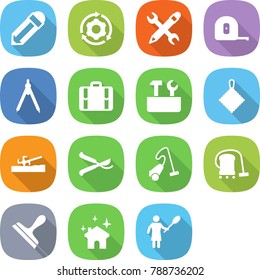 flat vector icon set - pencil vector, around gear, wrench, measuring tape, drawing compasses, suitcase, repair tools, rag, soil cutter, pruner, vacuum cleaner, scraper, house cleaning