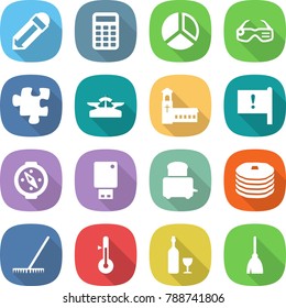 flat vector icon set - pencil vector, calculator, diagram, smart glasses, puzzle, scales, church, important flag, compass, usb flash, toaster, pancakes, rake, thermometer, wine, broom