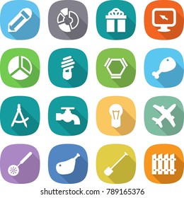 flat vector icon set - pencil vector, circle diagram, gift, monitor arrow, bulb, hex molecule, chicken leg, draw compass, water tap, plane, skimmer, shovel, fence