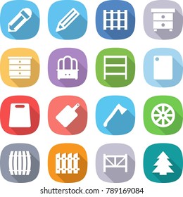 flat vector icon set - pencil vector, pallet, nightstand, chest of drawers, dresser, rack, cutting board, axe, wheel, barrel, fence, farm, spruce