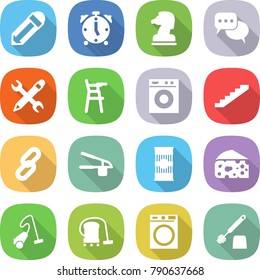 flat vector icon set - pencil vector, alarm clock, chess horse, discussion, wrench, Chair for babies, washing machine, stairs, link, garlic clasp, pasta, cheese, vacuum cleaner, toilet brush