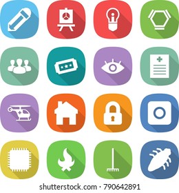 flat vector icon set - pencil vector, presentation, bulb, hex molecule, group, ticket, eye, recipe, ambulance helicopter, home, locked, ring button, cpu, fire, rake, bug