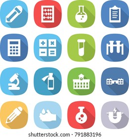 flat vector icon set - pencil vector, abacus, round flask, clipboard, calculator, test vial, microscope, potion bottle, university, school, acid, chemical, electric magnet