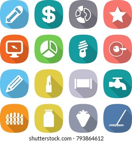 flat vector icon set - pencil vector, dollar, circle diagram, star, monitor arrow, bulb, cell corection, lipstick, fence, water tap, bank, berry, rake