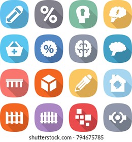 flat vector icon set - pencil vector, percent, bulb head, brain, add to basket, bridge, 3d, smart house, fence, blocks, connect