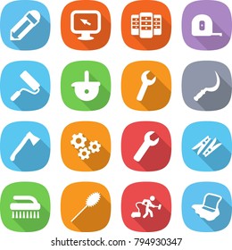 flat vector icon set - pencil vector, monitor arrow, server, measuring tape, repair, ladle, wrench, sickle, axe, gears, clothespin, brush, duster, vacuum cleaner, floor washing