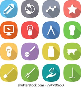 flat vector icon set - pencil vector, circle diagram, graph, star, monitor arrow, bulb, drawing compasses, skimmer, bank, cow, shovel, fork, harvest, rake