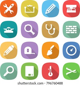 flat vector icon set - pencil wrench vector, electrostatic, market scales, magnifier, stethoscope, brick wall, measuring tape, construction, barometer, kitchen, thermometer, pruner