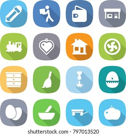 flat vector icon set - pencil vector, courier, wallet, gas station, train, heart pendant, home, cooler fan, chest of drawers, broom, laser, egg timer, eggs, mortar, trailer, tomato