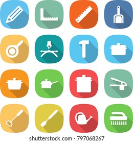 flat vector icon set - pencil vector, ruler, scoop, pan, drawing pen, hammer, saute, garlic clasp, whisk, spatula, watering can, brush