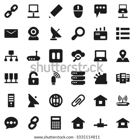 Flat vector icon set - pencil vector, calculator, notebook pc, map pin, satellite antenna, pause button, connect, server, network, cloud glass, big data, usb modem, router, message, mail, chain