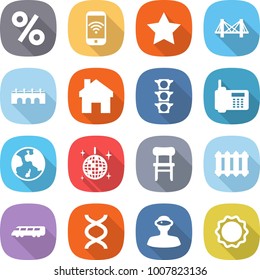 flat vector icon set - percent vector, phone wireless, star, bridge, home, traffic light, earth, disco ball, chair, radiator, speed train, dna, vr helmet, induction oven