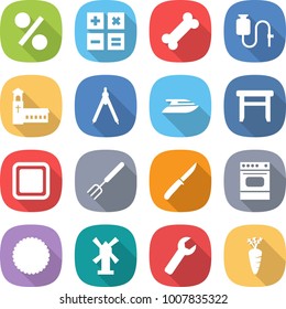 flat vector icon set - percent vector, calculator, bone, dropper, church, drawing compasses, yacht, stool, cutting board, big fork, knife, oven, cookies, windmill, wrench, carrot