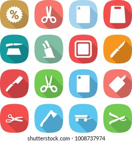 flat vector icon set - percent vector, scissors, cutting board, stands for knives, knife, chef, axe, trailer, pruner