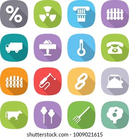 flat vector icon set - percent vector, nuclear, column, fence, shipping, restaurant, thermometer, phone, welding, link, kettle, cow, trees, fork, garden