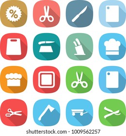 flat vector icon set - percent vector, scissors, scalpel, cutting board, stands for knives, cook hat, chief, axe, trailer, pruner