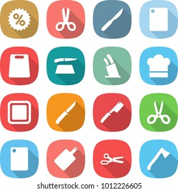 flat vector icon set - percent vector, scissors, scalpel, cutting board, stands for knives, cook hat, knife, chef, axe
