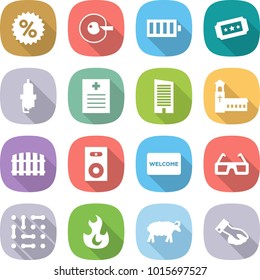 flat vector icon set - percent vector, cell corection, battery, ticket, spark plug, recipe, skyscraper, church, fence, speaker, welcome mat, 3d glasses, circuit, fire, sheep, wiping