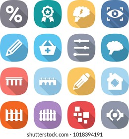 flat vector icon set - percent vector, medal, brain, eye identity, pencil, add to basket, equalizer, bridge, smart house, fence, blocks, connect