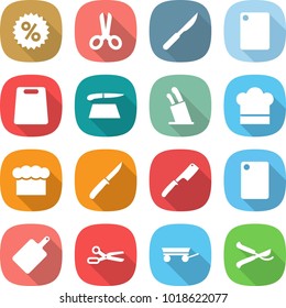 flat vector icon set - percent vector, scissors, scalpel, cutting board, stands for knives, cook hat, chief, knife, chef, trailer, pruner