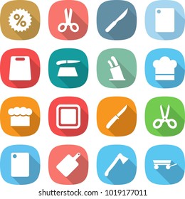 flat vector icon set - percent vector, scissors, scalpel, cutting board, stands for knives, cook hat, chief, knife, axe, trailer