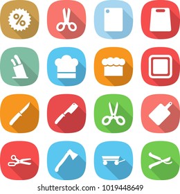 flat vector icon set - percent vector, scissors, cutting board, stands for knives, cook hat, chief, knife, chef, axe, trailer, pruner