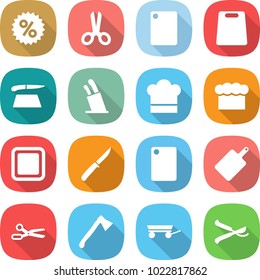flat vector icon set - percent vector, scissors, cutting board, stands for knives, cook hat, chief, knife, axe, trailer, pruner