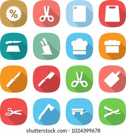 flat vector icon set - percent vector, scissors, cutting board, stands for knives, cook hat, chief, knife, chef, axe, trailer, pruner