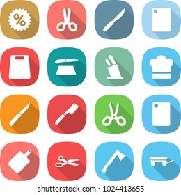 flat vector icon set - percent vector, scissors, scalpel, cutting board, stands for knives, cook hat, knife, chef, axe, trailer