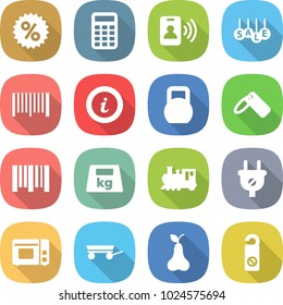 flat vector icon set - percent vector, calculator, pass card, sale, bar code, info, heavy, label, train, plug, grill oven, trailer, pear, do not distrub
